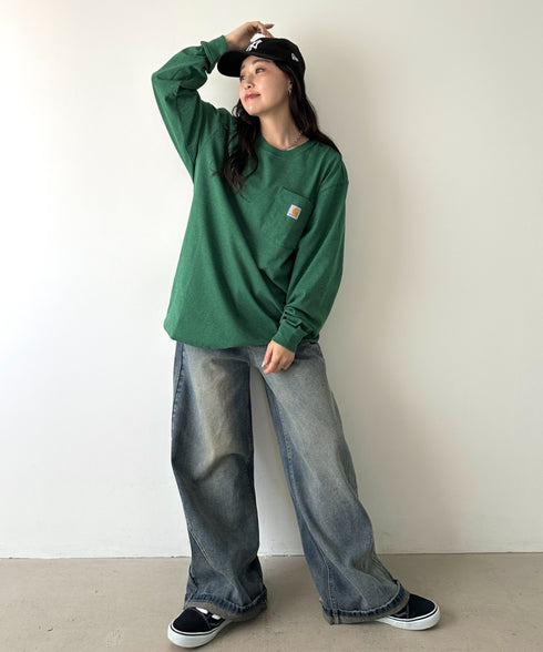 Carhartt(カーハート)/ルーズフィット ロンT ポケT USA規格 ヘビーウェイト ビッグサイズ オーバーサイズ 6.5Oz ユニセックス ポケット付き コットン 長袖 ロンT/K126 | IL2224044 | グリーン