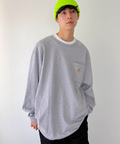 Carhartt(カーハート)/ルーズフィット ロンT ポケT USA規格 ヘビーウェイト ビッグサイズ オーバーサイズ 6.5Oz ユニセックス ポケット付き コットン 長袖 ロンT/K126 | IL2224044 | グレー