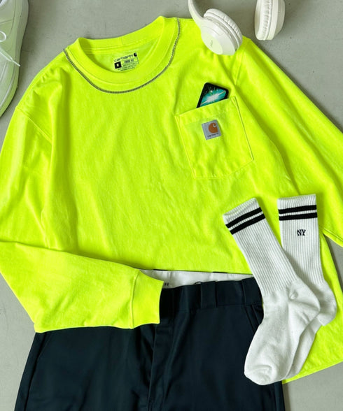 Carhartt(カーハート)/ルーズフィット ロンT ポケT USA規格 ヘビーウェイト ビッグサイズ オーバーサイズ 6.5Oz ユニセックス ポケット付き コットン 長袖 ロンT/K126 | IL2224044 | ライム