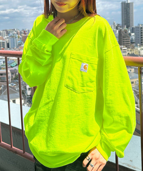 Carhartt(カーハート)/ルーズフィット ロンT ポケT USA規格 ヘビーウェイト ビッグサイズ オーバーサイズ 6.5Oz ユニセックス ポケット付き コットン 長袖 ロンT/K126 | IL2224044 | ライム