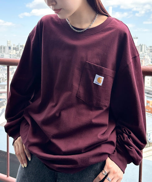 Carhartt(カーハート)/ルーズフィット ロンT ポケT USA規格 ヘビーウェイト ビッグサイズ オーバーサイズ 6.5Oz ユニセックス ポケット付き コットン 長袖 ロンT/K126 | IL2224044 | ワインレッド