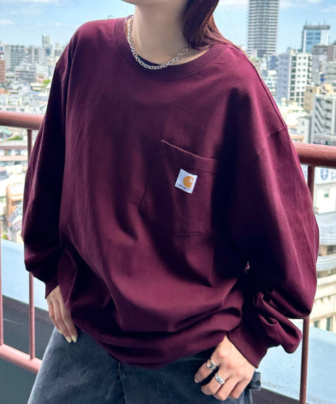 Carhartt(カーハート)/ルーズフィット ロンT ポケT USA規格 ヘビーウェイト ビッグサイズ オーバーサイズ 6.5Oz ユニセックス ポケット付き コットン 長袖 ロンT/K126 | IL2224044 | ワインレッド