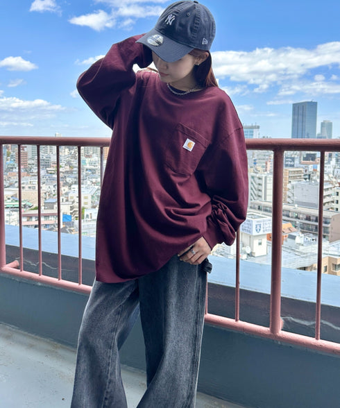 Carhartt(カーハート)/ルーズフィット ロンT ポケT USA規格 ヘビーウェイト ビッグサイズ オーバーサイズ 6.5Oz ユニセックス ポケット付き コットン 長袖 ロンT/K126 | IL2224044 | ワインレッド