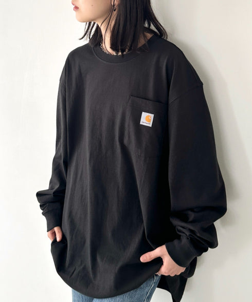 Carhartt(カーハート)/ルーズフィット ロンT ポケT USA規格 ヘビーウェイト ビッグサイズ オーバーサイズ 6.5Oz ユニセックス ポケット付き コットン 長袖 ロンT/K126 | IL2224044 | ブラック