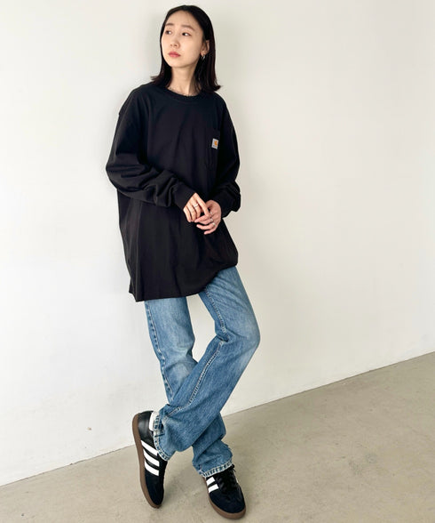 Carhartt(カーハート)/ルーズフィット ロンT ポケT USA規格 ヘビーウェイト ビッグサイズ オーバーサイズ 6.5Oz ユニセックス ポケット付き コットン 長袖 ロンT/K126 | IL2224044 | ブラック