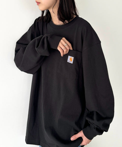 Carhartt(カーハート)/ルーズフィット ロンT ポケT USA規格 ヘビーウェイト ビッグサイズ オーバーサイズ 6.5Oz ユニセックス ポケット付き コットン 長袖 ロンT/K126 | IL2224044 | ブラック