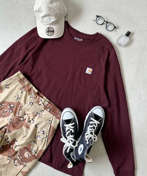 Carhartt(カーハート)/ルーズフィット ロンT ポケT USA規格 ヘビーウェイト ビッグサイズ オーバーサイズ 6.5Oz ユニセックス ポケット付き コットン 長袖 ロンT/K126 | IL2224044 | ワインレッド
