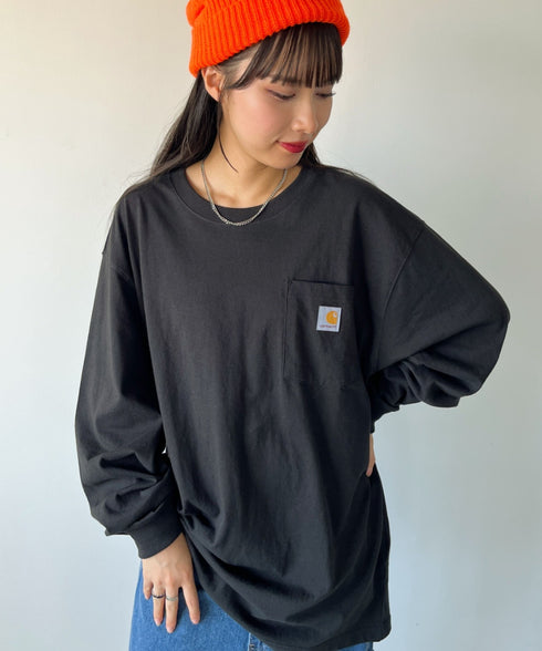 Carhartt(カーハート)/ルーズフィット ロンT ポケT USA規格 ヘビーウェイト ビッグサイズ オーバーサイズ 6.5Oz ユニセックス ポケット付き コットン 長袖 ロンT/K126 | IL2224044 | ブラック