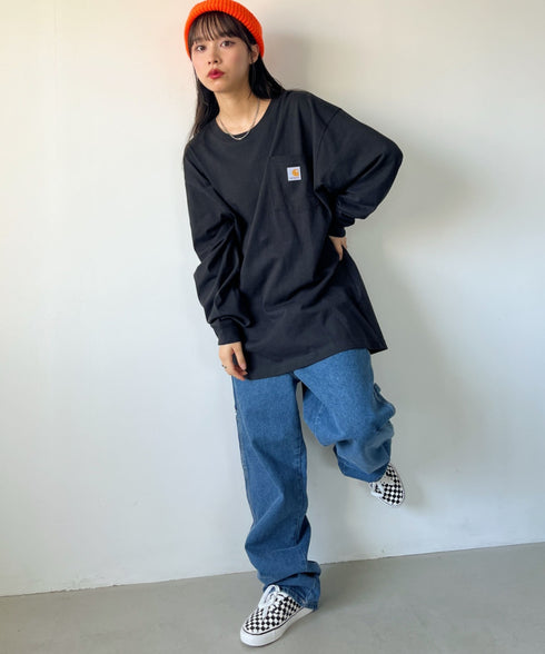 Carhartt(カーハート)/ルーズフィット ロンT ポケT USA規格 ヘビーウェイト ビッグサイズ オーバーサイズ 6.5Oz ユニセックス ポケット付き コットン 長袖 ロンT/K126 | IL2224044 | ブラック