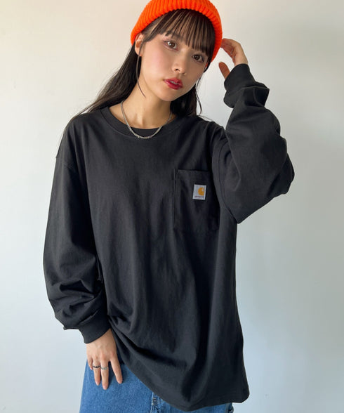 Carhartt(カーハート)/ルーズフィット ロンT ポケT USA規格 ヘビーウェイト ビッグサイズ オーバーサイズ 6.5Oz ユニセックス ポケット付き コットン 長袖 ロンT/K126 | IL2224044 | ブラック