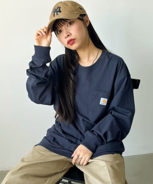 Carhartt(カーハート)/ルーズフィット ロンT ポケT USA規格 ヘビーウェイト ビッグサイズ オーバーサイズ 6.5Oz ユニセックス ポケット付き コットン 長袖 ロンT/K126 | IL2224044 | ネイビー