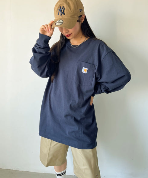 Carhartt(カーハート)/ルーズフィット ロンT ポケT USA規格 ヘビーウェイト ビッグサイズ オーバーサイズ 6.5Oz ユニセックス ポケット付き コットン 長袖 ロンT/K126 | IL2224044 | ネイビー