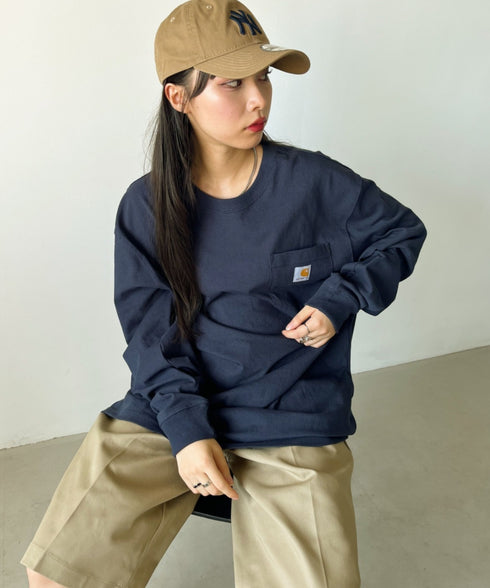 Carhartt(カーハート)/ルーズフィット ロンT ポケT USA規格 ヘビーウェイト ビッグサイズ オーバーサイズ 6.5Oz ユニセックス ポケット付き コットン 長袖 ロンT/K126 | IL2224044 | ネイビー