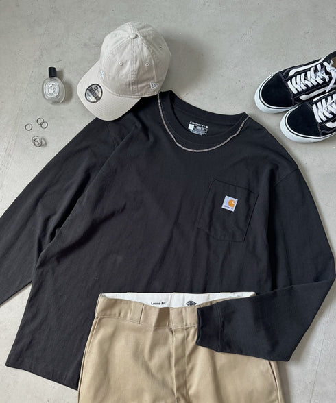 Carhartt(カーハート)/ルーズフィット ロンT ポケT USA規格 ヘビーウェイト ビッグサイズ オーバーサイズ 6.5Oz ユニセックス ポケット付き コットン 長袖 ロンT/K126 | IL2224044 | ブラック