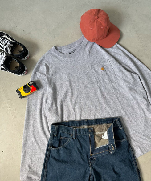 Carhartt(カーハート)/ルーズフィット ロンT ポケT USA規格 ヘビーウェイト ビッグサイズ オーバーサイズ 6.5Oz ユニセックス ポケット付き コットン 長袖 ロンT/K126 | IL2224044 | グレー