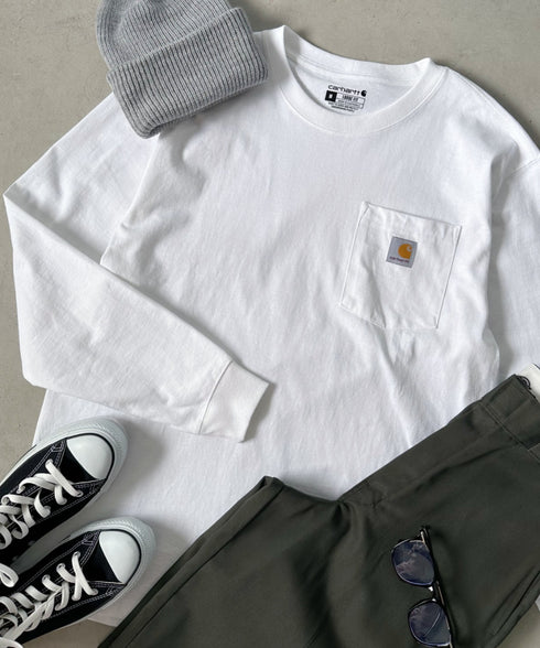 Carhartt(カーハート)/ルーズフィット ロンT ポケT USA規格 ヘビーウェイト ビッグサイズ オーバーサイズ 6.5Oz ユニセックス ポケット付き コットン 長袖 ロンT/K126 | IL2224044 | ホワイト