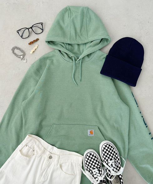 Carhartt(カーハート)/ ルーズフィット 袖ロゴ パーカー スウェット フーディー ミッドウエイト オーバーサイズ / K288 / Loose Fit Midweight Logo Sleeve Graphic Sweatshirt | IL2224045 | グリーン
