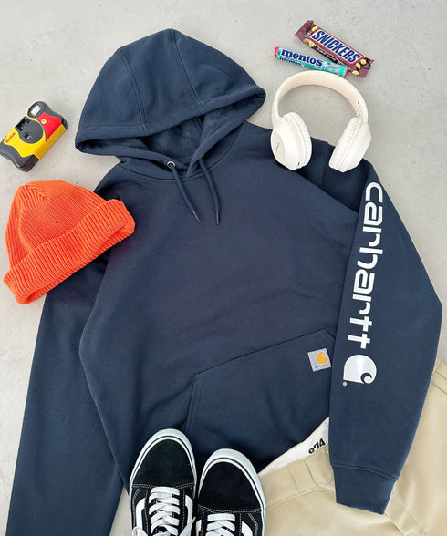 Carhartt(カーハート)/ ルーズフィット 袖ロゴ パーカー スウェット フーディー ミッドウエイト オーバーサイズ / K288 / Loose Fit Midweight Logo Sleeve Graphic Sweatshirt | IL2224045 | ネイビー