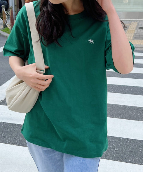 【POLO CHAMPS/ポロチャンプス】 別注 ワンポイント刺繍 クルーネック半袖Tシャツ オーバーサイズ | CL2232052 | ダークグリーン
