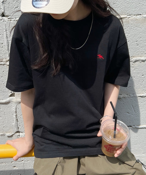 【POLO CHAMPS/ポロチャンプス】 別注 ワンポイント刺繍 クルーネック半袖Tシャツ オーバーサイズ | CL2232052 | ブラック