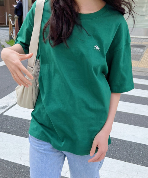 【POLO CHAMPS/ポロチャンプス】 別注 ワンポイント刺繍 クルーネック半袖Tシャツ オーバーサイズ | CL2232052 | ダークグリーン
