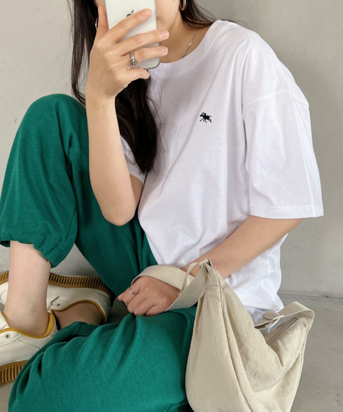 【POLO CHAMPS/ポロチャンプス】 別注 ワンポイント刺繍 クルーネック半袖Tシャツ オーバーサイズ | CL2232052 | ホワイト