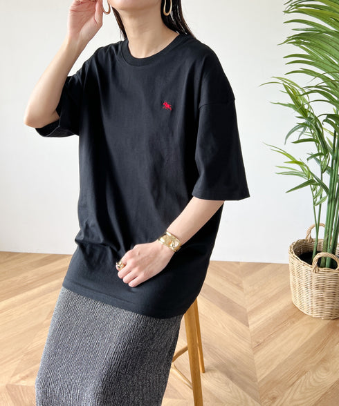 【POLO CHAMPS/ポロチャンプス】 別注 オーバーサイズ ワンポイント刺繍 クルーネック半袖Tシャツ | MD2232002 | ブラック
