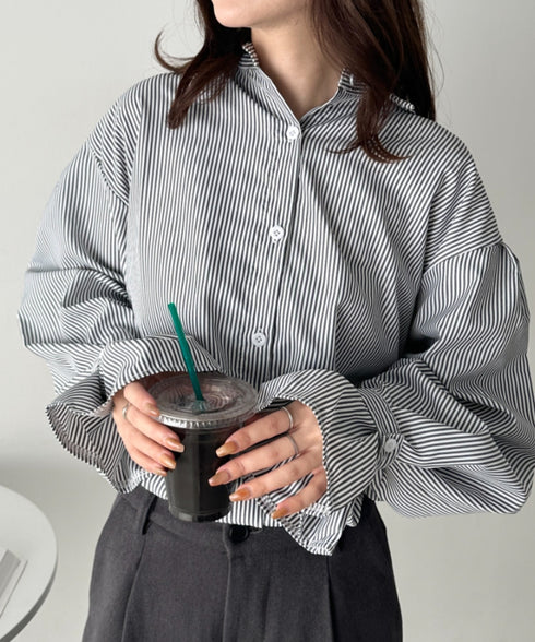 2WAY ボリュームスリーブ ルーズストライプシャツトップス | CL2233154 | ブラック