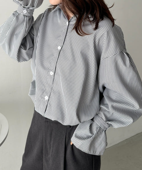 2WAY ボリュームスリーブ ルーズストライプシャツトップス | CL2233154 | ブラック