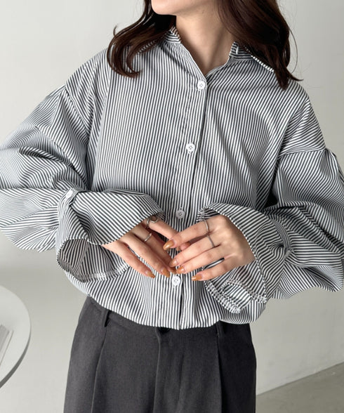 2WAY ボリュームスリーブ ルーズストライプシャツトップス | CL2233154 | ブラック