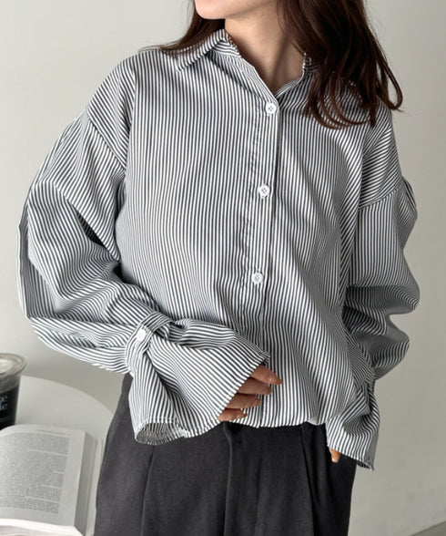 2WAY ボリュームスリーブ ルーズストライプシャツトップス | CL2233154 | ブラック