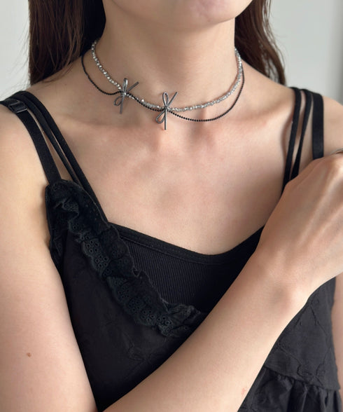 ポイントリボンビーズチョーカーネックレス-point ribbon beads choker necklace- | SW4241512 | シルバー