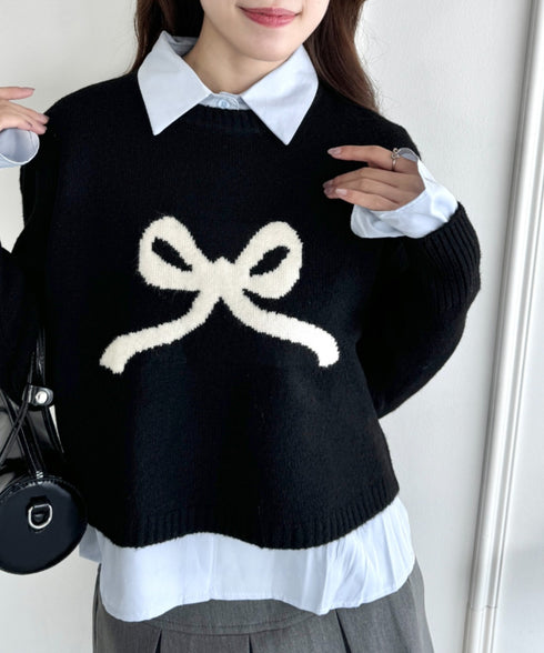 リボンジャガードニットトップス | LO2244062 | ブラック