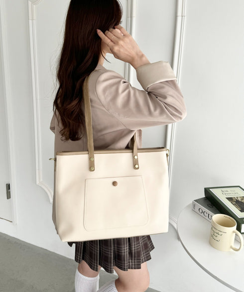 【A4収納/自立/ジッパー開閉】仕切りポケットPUトートバッグ | LO1255005 | アイボリー