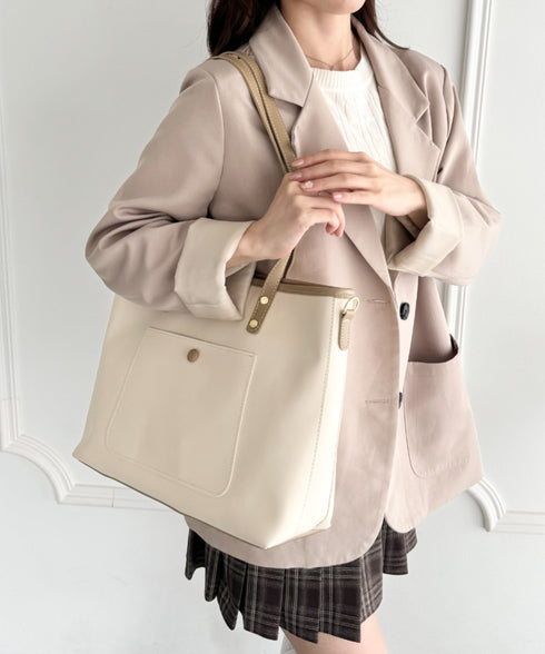 【A4収納/自立/ジッパー開閉】仕切りポケットPUトートバッグ | LO1255005 | アイボリー