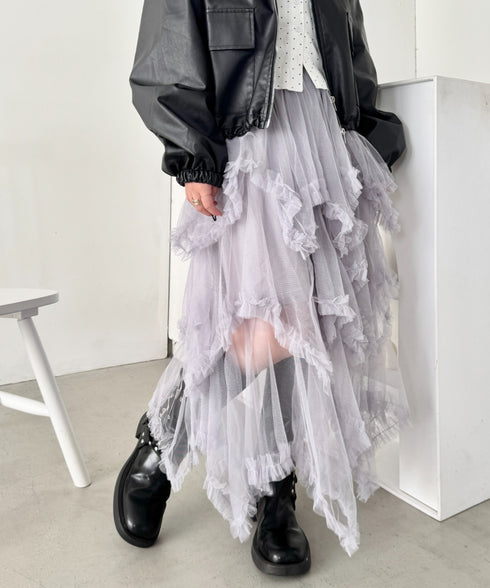 イレギュラーヘムボリュームフリルチュールスカート | NU2255022 | グレー