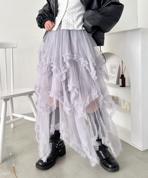 イレギュラーヘムボリュームフリルチュールスカート | NU2255022 | グレー