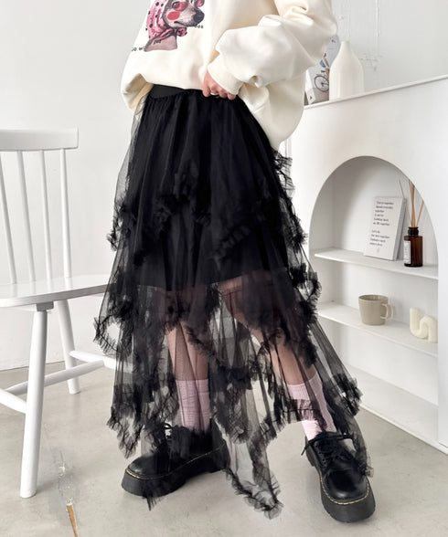 イレギュラーヘムボリュームフリルチュールスカート | NU2255022 | ブラック