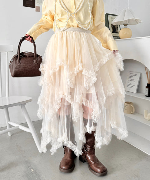 イレギュラーヘムボリュームフリルチュールスカート | NU2255022 | アイボリー