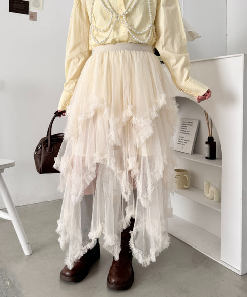 イレギュラーヘムボリュームフリルチュールスカート | NU2255022 | アイボリー