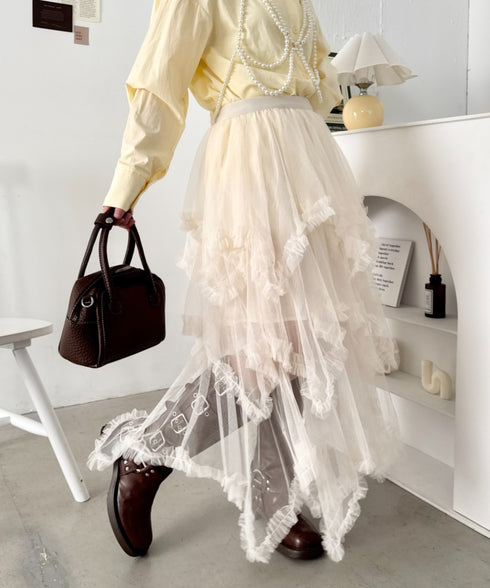 イレギュラーヘムボリュームフリルチュールスカート | NU2255022 | アイボリー