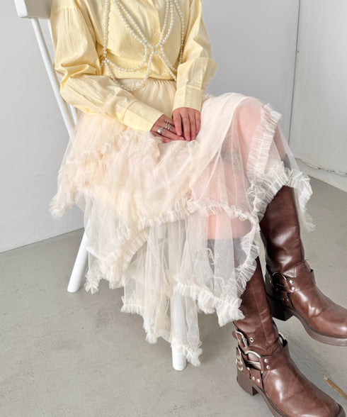 イレギュラーヘムボリュームフリルチュールスカート | NU2255022 | アイボリー