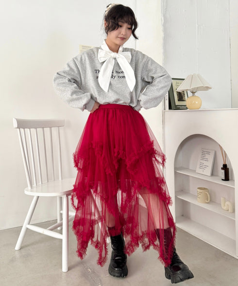 イレギュラーヘムボリュームフリルチュールスカート | NU2255022 | レッド