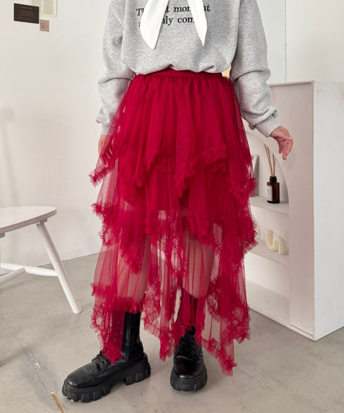 イレギュラーヘムボリュームフリルチュールスカート | NU2255022 | レッド