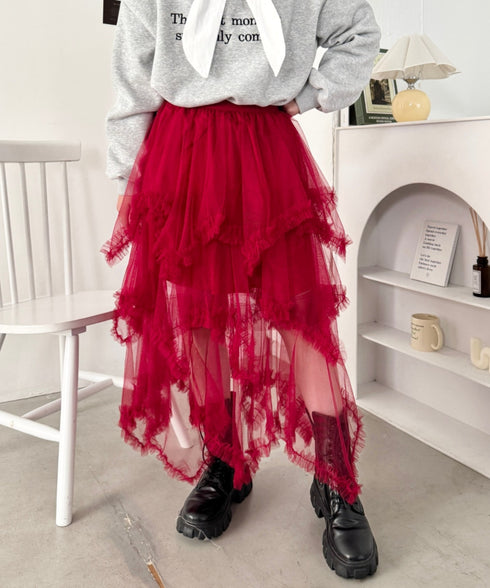 イレギュラーヘムボリュームフリルチュールスカート | NU2255022 | レッド