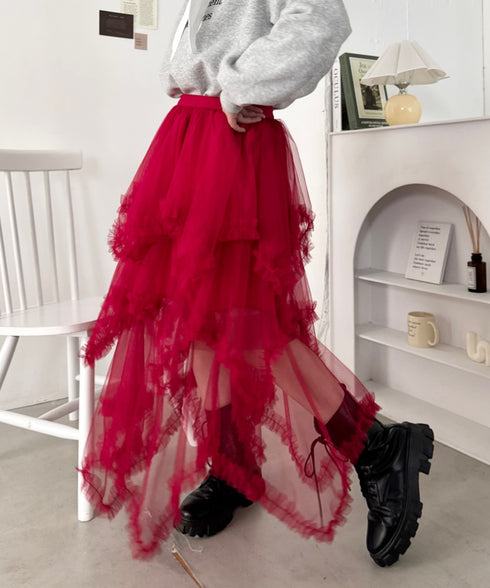 イレギュラーヘムボリュームフリルチュールスカート | NU2255022 | レッド