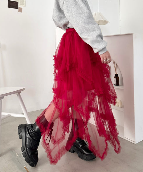 イレギュラーヘムボリュームフリルチュールスカート | NU2255022 | レッド