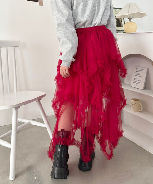 イレギュラーヘムボリュームフリルチュールスカート | NU2255022 | レッド