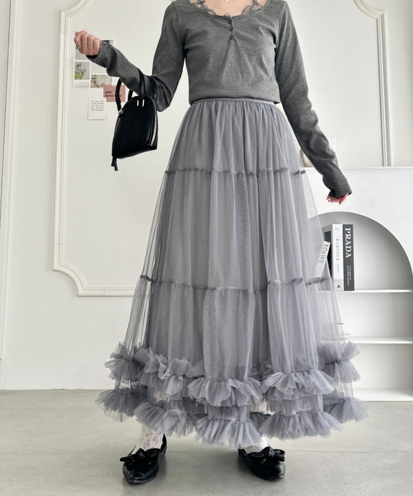 【9色展開 /26SS新色ラベンダー追加】ボリュームフリルチュールティアードスカート | LO2255036 | グレー