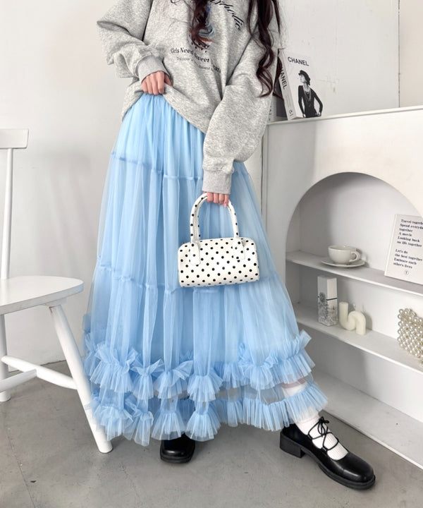 【9色展開 /26SS新色ラベンダー追加】ボリュームフリルチュールティアードスカート | LO2255036 | ライトブルー